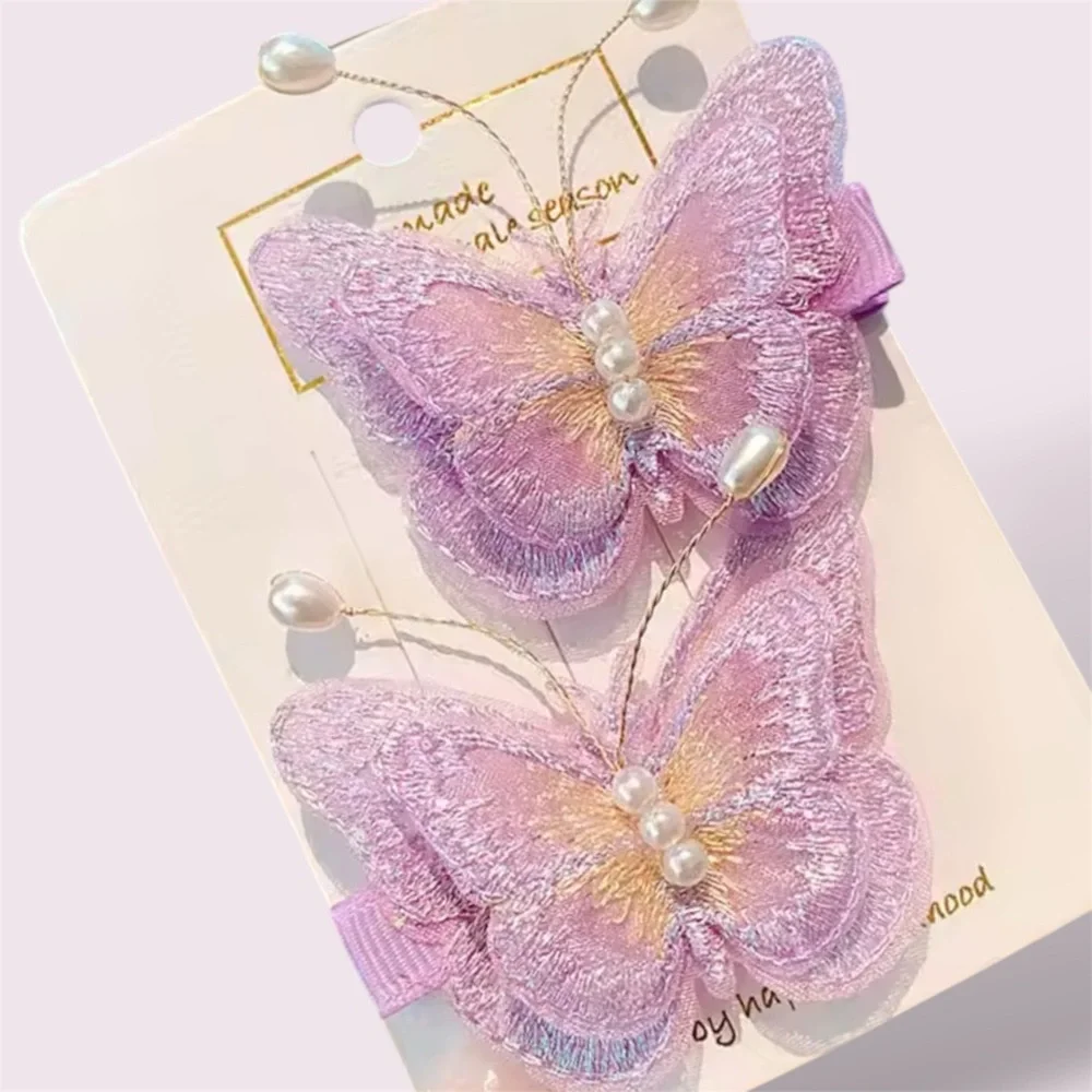 SETS for 2 PCs Butterfly Embroidered Hair Clips for girls Toddler Purple Hairpin